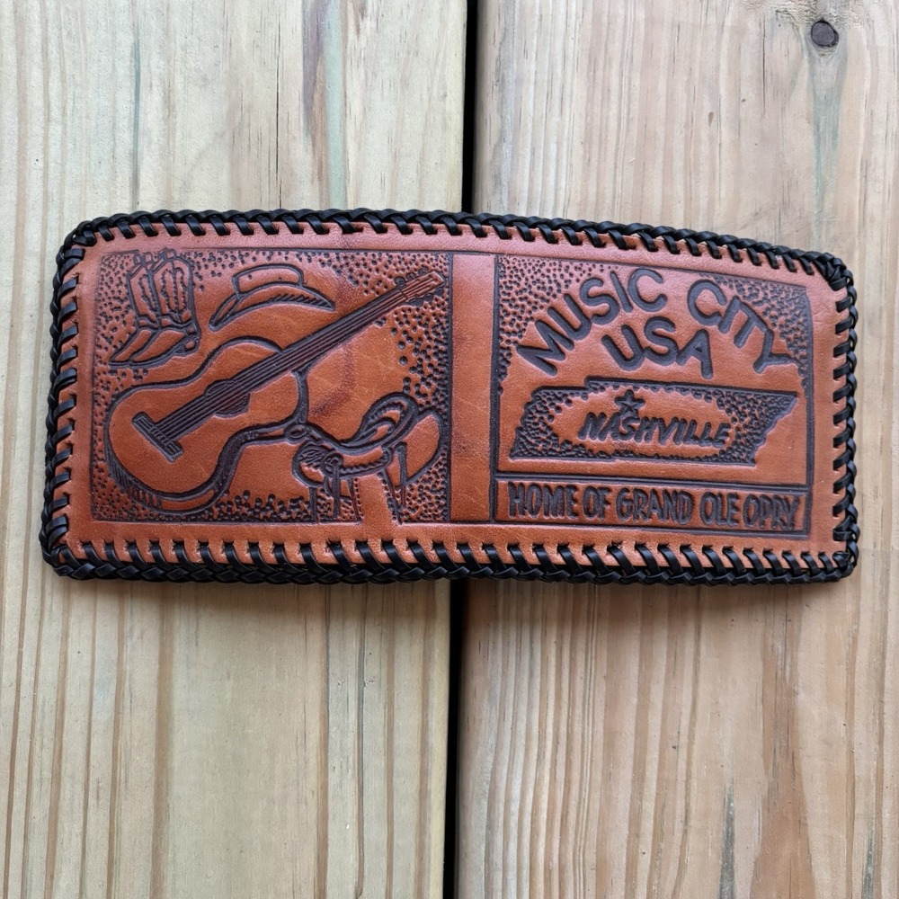 Vintage Nashville Tennessee Leather Wallet Hand Tooled Bi-fold Whipstitch USA